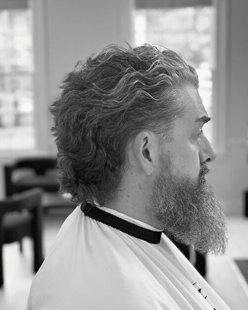 Wavy hair swept back with a full beard, in profile
