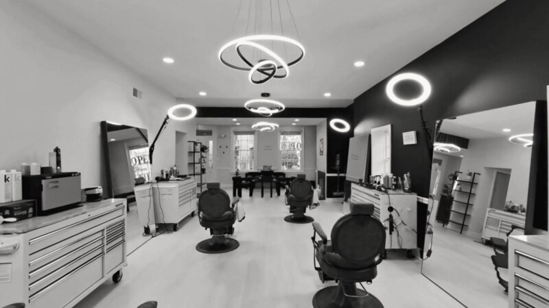 VQ’s studio on Loudoun Street: barber chairs under round ring lights