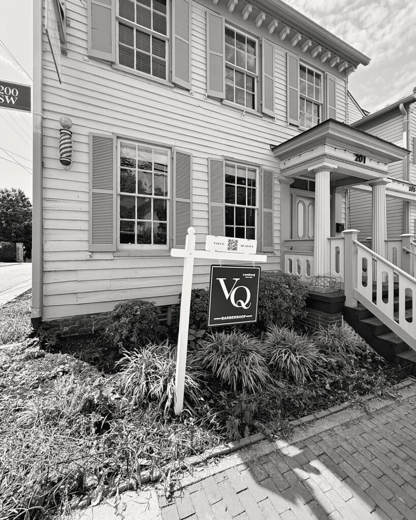 VQ Barbershop at 201 Loudoun St SW: VQ’s barber pole on the white clapboard front and the VQ sign by the path
