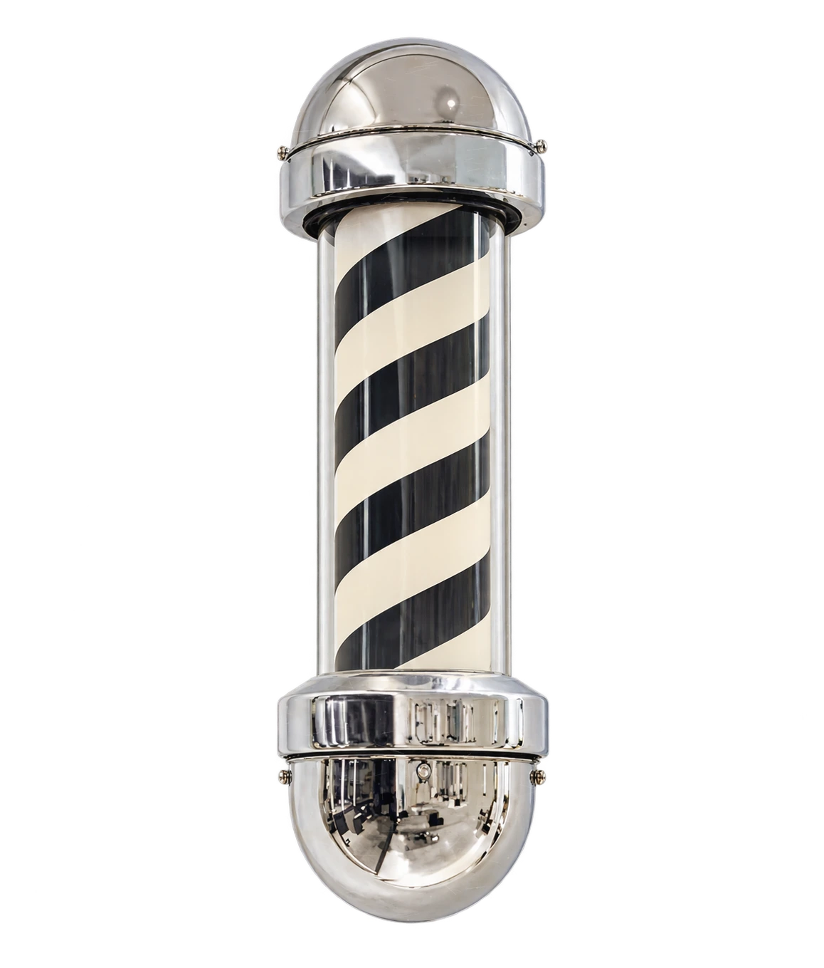 A polished chrome barber pole with black and white stripes and a clear glass sleeve